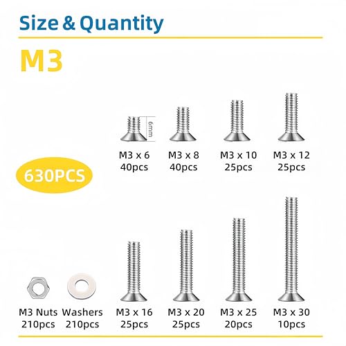 630 Pcs M3 Screws Assortment Kit, M3x6mm/8mm/10mm/12mm/16mm/20mm/25mm/30mm, Metric Hex Flat Head Countersunk Screws Nuts Washers Kit with Wrench, 304 Stainless Steel - size: M3 630Pcs