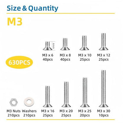 630 Pcs M3 Screws Assortment Kit, M3x6mm/8mm/10mm/12mm/16mm/20mm/25mm/30mm, Metric Hex Flat Head Countersunk Screws Nuts Washers Kit with Wrench, 304 Stainless Steel - size: M3 630Pcs