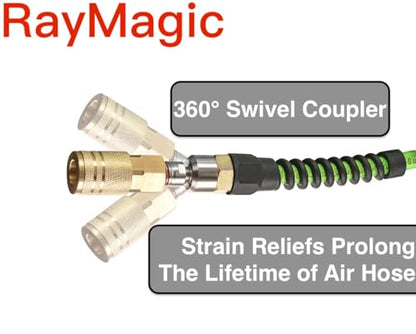 RayMagic Air Compressor Hose 1/4 Inch x 100 Feet Flexible Reinforced Polyurethane (PU) Air Hose 300PSI With Brass Fittings, Strain Reliefs, 1/4" 360 Swivel Coupler and Plug,1PCS Safety Coupler - color: Green