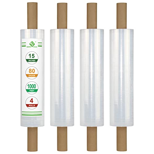 BOMEI PACK Stretch Film Wrap - Industrial Clear Plastic Stretch Wrap 1000 Feet 80 Gauge 4 Packs with Handle, Pallet Wrap for Packing, Moving Supplies, Packing Wrap Plastic Roll 15 Inches