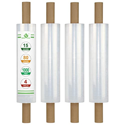 BOMEI PACK Stretch Film Wrap - Industrial Clear Plastic Stretch Wrap 1000 Feet 80 Gauge 4 Packs with Handle, Pallet Wrap for Packing, Moving Supplies, Packing Wrap Plastic Roll 15 Inches