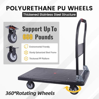 Foldable Push Cart Dolly 660 lbs,Moving Platform Hand Truck Black,with 360° Swivel Wheels, for Home Garage Workshops, Loading, Storage, Warehouse