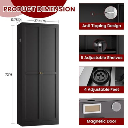AQY Metal Pantry Cabinet, 72" Black Kitchen Storage Cabinet with Doors - color: Black, style: H72" - 2 Doors Hooks & Vents