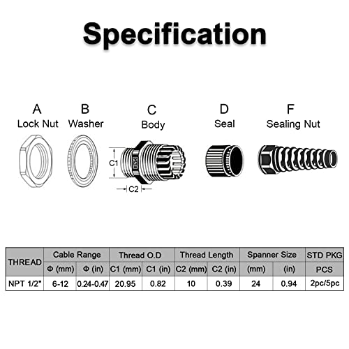 LeMotech 5Pcs NPT 1/2" IP68 Waterproof Cable Gland Flex Spiral Strain Relief Black Nylon Joint with Gaskets for 6-12mm Wire Thread - color: Black, size: NPT 1/2" (5-Pack)
