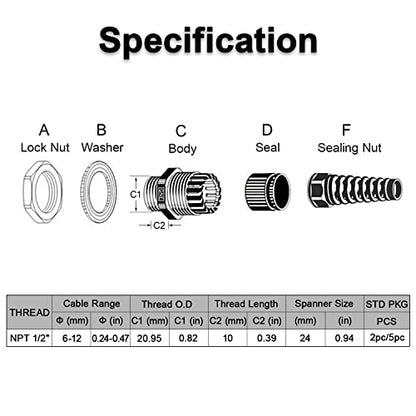 LeMotech 20Pcs NPT 1/2" IP68 Waterproof Cable Gland Flex Spiral Strain Relief Black Nylon Joint with Gaskets for 6-12mm Wire Thread - color: Black, size: NPT 1/2" (20-Pack)