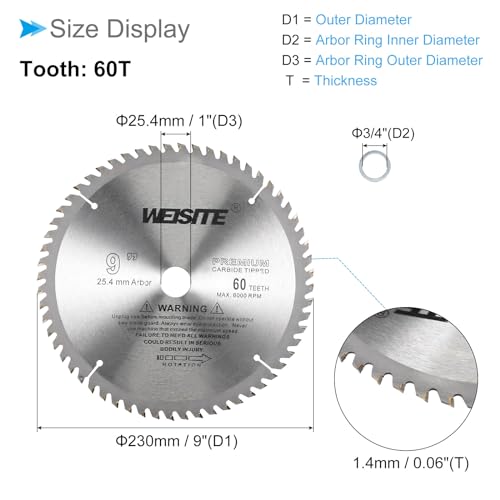 Circular Saw Blade, 9" Outer Dia 60 Teeth 3/4" Arbor, Wood Tungsten Carbide Tipped () Slitting Saw - (Applications: for Wood Cutting) - size: 230mm x 60T