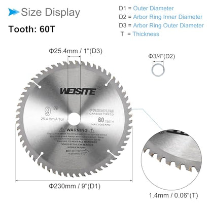 Circular Saw Blade, 9" Outer Dia 60 Teeth 3/4" Arbor, Wood Tungsten Carbide Tipped () Slitting Saw - (Applications: for Wood Cutting) - size: 230mm x 60T