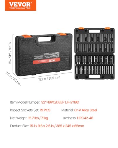 VEVOR Impact Socket Set 1/2 Inches 19 Piece, Deep Socket, 6-Point Sockets, Rugged Construction, Cr-V, 1/2 Inches Drive Socket Set Impact 3/8 inch - 1-1/2 inch, with a Storage Cage - size: 1/2" 19PCS