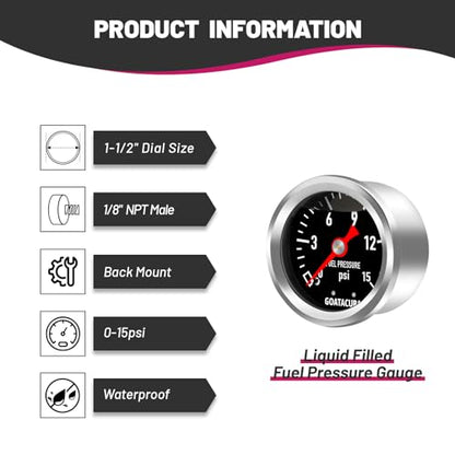 0-15psi Glycerin Filled Fuel Pressure Gauge, 1-1/2" Black Dial Size, 304 Stainless Steel Case, 1/8" NPT Center Back Mount, with High Accuracy, for Measuring Fuel Pressure - size: 0-15psi, style: Back Mount(Black Dial)
