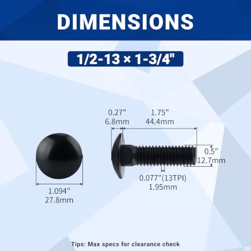 8 Sets 1/2-13 x 1-3/4" Carriage Bolt Kit & Nuts & Flat Washers Black 304 SS - size: 1/2-13 x 1-3/4" (8 Sets)