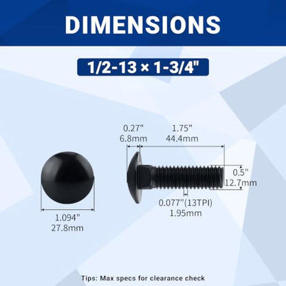 8 Sets 1/2-13 x 1-3/4" Carriage Bolt Kit & Nuts & Flat Washers Black 304 SS - size: 1/2-13 x 1-3/4" (8 Sets)