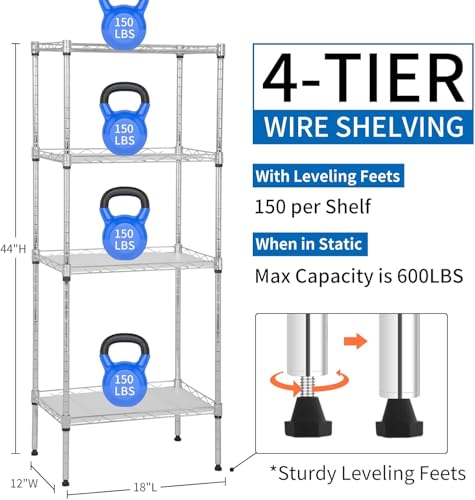 Meet perfect 4-Tier Wire Shelving Unit, 600 lb, 18x12x44 in, Chrome - color: Chrome, size: 4-Tier, 44"H × 18"W × 12"D