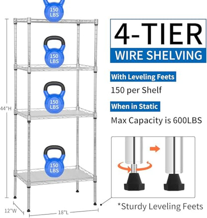 Meet perfect 4-Tier Wire Shelving Unit, 600 lb, 18x12x44 in, Chrome - color: Chrome, size: 4-Tier, 44"H × 18"W × 12"D