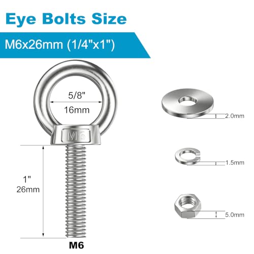 2 Pack M6 Stainless Steel Eye Bolts with Nuts and Washers, 1/4" x 1" Long Lifting Ring Eye Bolt, Heavy Duty Marine Grade 304 Eyebolts for Outdoor String Light Hanging, Tie Down Anchors - size: M6x26mm (1/4"x1")