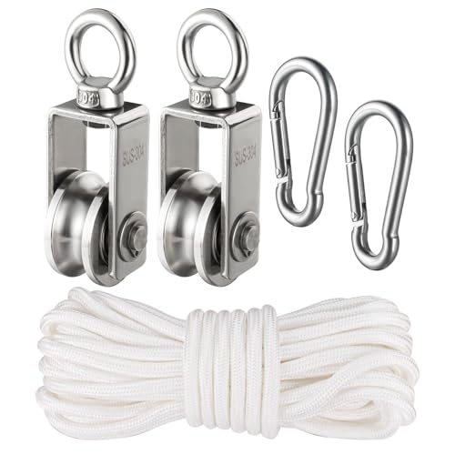 Cable Pulley Block Heavy Duty Stainless Steel, Bearing Inside with 32ft Nylon Rope and 2 Hooks,Swivel Single Pulley Wheel,Good for Pulley Lifing System,Loading 551lb