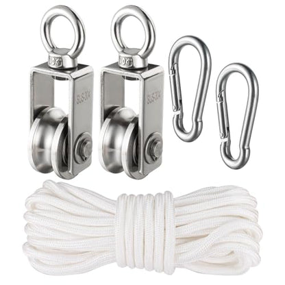 Cable Pulley Block Heavy Duty Stainless Steel, Bearing Inside with 32ft Nylon Rope and 2 Hooks,Swivel Single Pulley Wheel,Good for Pulley Lifing System,Loading 551lb