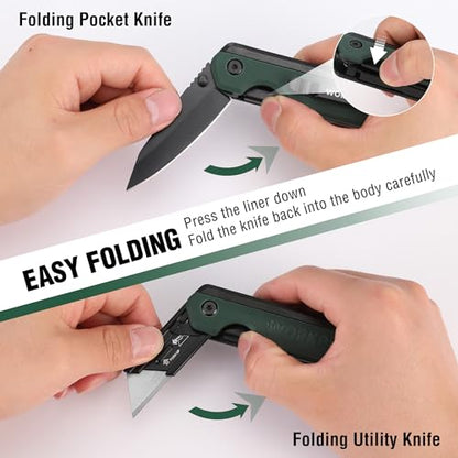 WORKPRO 2-in-1 Folding Knife/Utility Knife, Quick-Change Box Cutter with Belt Clip, Liner Lock, and G10 Handle, Extra 10 SK5 Blades Included, Green - color: Green G10