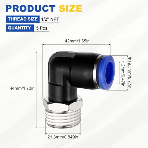 5Pcs Male Elbow Push to Connect Fitting Fit 12mm OD Tube 1/2" NPT - color: Blue, size: 12mm OD x 1/2" NPT