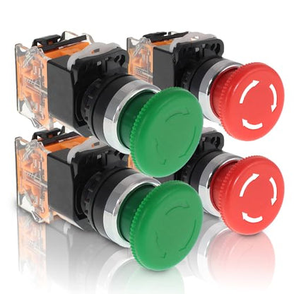 Emergency Push Button Switch, Green&Red Mushroom Head, for Home or Industrial Equipment, Operating Rooms, Distribution Boxes, NO NC, 22mm, Stay-Put (4 Pack, 2 Green & 2 red) - size: 2 Green + 2 Red, style: Stay-put