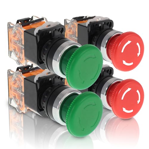 Emergency Push Button Switch, Green&Red Mushroom Head, for Home or Industrial Equipment, Operating Rooms, Distribution Boxes, NO NC, 22mm, Stay-Put (4 Pack, 2 Green & 2 red) - size: 2 Green + 2 Red, style: Stay-put