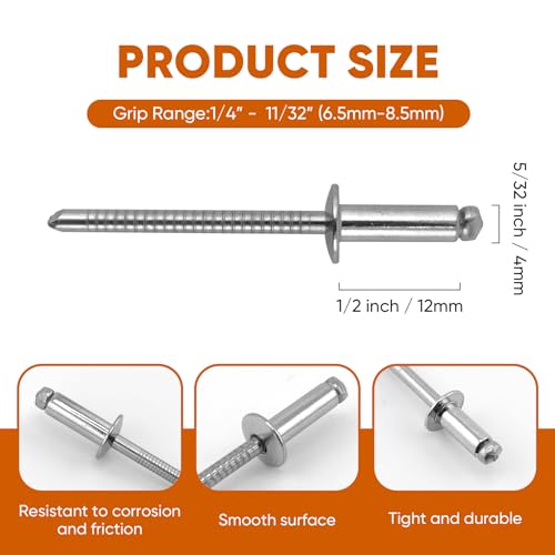 ALLCLEAN 100 Pcs 5/32" x 1/2" Stainless Steel Blind Pro Rivets,4 x 12mm Pop Rivets,Stainless Steel Grip and Stainless Steel Mandrel - color: Stainless Steel, size: 5/32"x1/2"