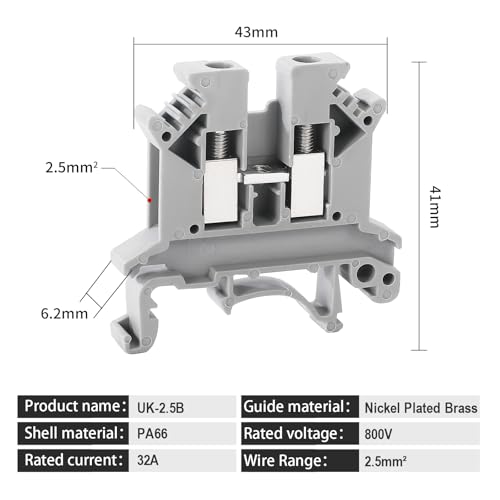 100PCS Gray UK-2.5b Terminal Block for Industrial Control Automation Din Rail Type 800V 12-22 AWG Conductor Cross-Section Copper Contact Temperature Resistant Screw Connector - color: UK2.5B Gray
