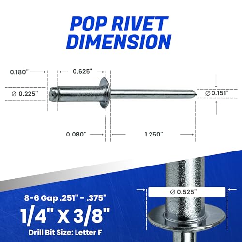 Fastenere Pop Rivets - 1/4" x 3/8" (25 pcs) Heavy Duty, Open-End, Low Carbon Steel Zinc, Dome-Head Blind Rivets, Corrosion-Resistant & High Shear Strength, 8-6 Gap 0.251"-0.375" - size: 1/4" x 3/8" (8-6) (25 Pack)
