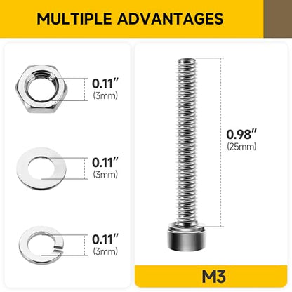 Mywish (100Sets) M3 Screw Kit, M3 x 25mm Socket Head Cap Screws Bolts, 304 Stainless Steel Allen Socket Hex Drive Bolts, Bright Finish M3 Screws with Nuts and Washers & Hex Spanner - size: M3 x 25mm