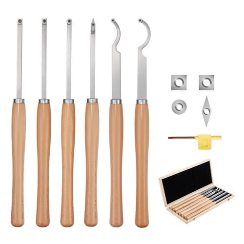 VEVOR Wood Lathe Turning Tool Set, 6PCS, Lathe Roughing, Finishing, Detailing Hollow Tool with Wooden Handle, Diamond Round Square Carbide Inserts, Wooden Box, for Beginners, Hobbyists, Professionals - size: 17.5 in