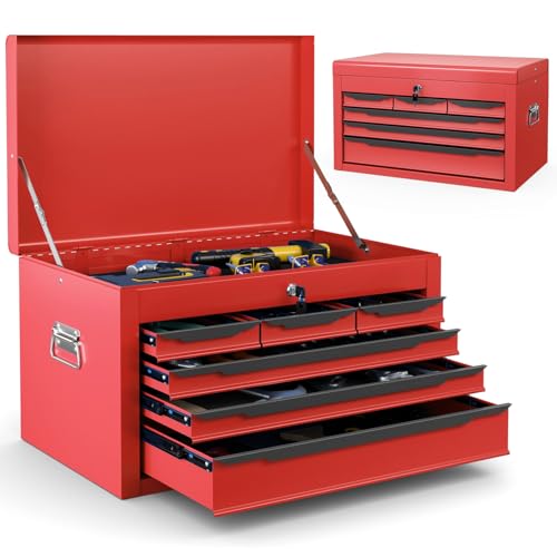 Tool Box, 6-Drawer Steel Tool Chest with Top Storage Automatic Lock & EVA Liner, Portable Tool Storage Organizer for Repair Shop Garage Warehouse (Red) - color: Red