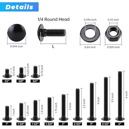 Glvaner (10 Sets) 1/4-20 x 1-3/4" Stainless Steel Carriage Bolts Screws Black and Hex Nuts & Flat Washers Black, Round Head Square Neck, 304 Stainless Steel 18-8, Full Thread Coverage - size: 1/4-20 x 1-3/4"