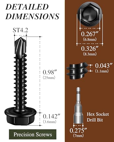 100PCS #8 x 1 Self Drilling Screws, Black Self Tapping Screws for Metal, 410 Stainless Steel Hex Washer Head Sheet Metal Screw, Quick Tapping with 7mm Hex Socket - color: Black, size: #8 x 1"