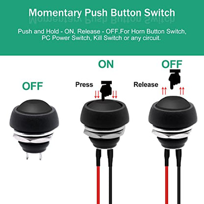 Twidec/10Pcs 12mm Momentary Push Button Switch 1/2" Mounting Hole On Off Mini Round Waterproof 5 Color with Pre-soldered Wires PBS-33B-5C-X-2 - color: multicoloured-12mm, size: Momentary