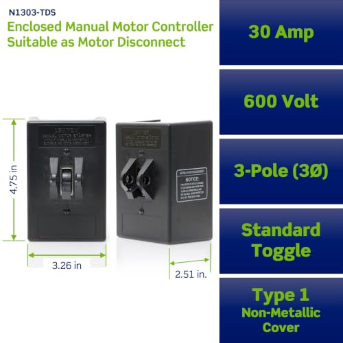 Leviton Manual Motor Controller, Industrial Grade, Grounded To Enclosure, Back & Side Wired, N1303-TDS, Black - color: Black