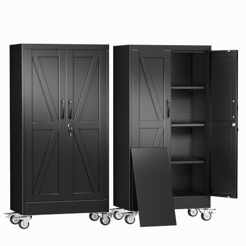 erosoei 47" H Metal Garage Storage Cabinet, Rolling Tool Cabinet with 2 Doors and Wheels, Locker Steel Cabinet with 3 Adjustable Shelves, Organization Cabinet for Garage,Office,Home,Gym,School - color: Black, size: 47" CasLck-M