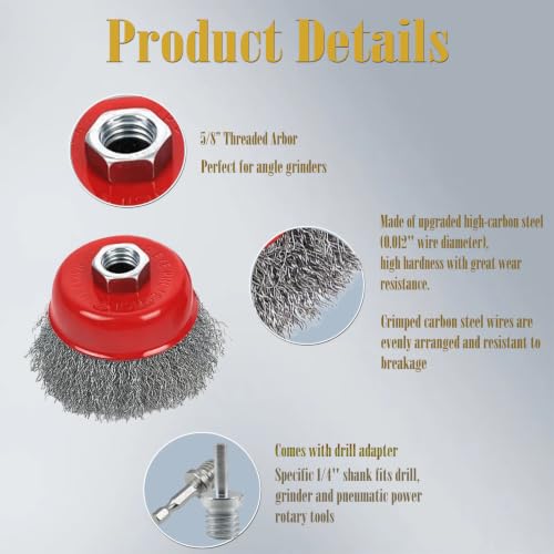 4 Pcs 3" Coarse Crimped Wire Wheel Cup Brush for 4-1/2" Angle Grinder 5/8"-11 UNC Arbor, 0.014”Carbon Steel Wire Brush for Rust, Corrosion, Paint Removal(with 2 Pcs 1/4" Shank Drill Adapter) - style: 3" Coarse Crimped Wire Wheel Cup Brush