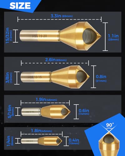 COMOWARE 4pcs TiAIN Coated Chamfer Tool M2 Chamfer Bit 90-Degree Countersink Drill Bit Set for Wood & Metal, Heavy Duty Countersink Bit SAE 1/4"-3/4", 2-5, 5-10, 10-15, 15-20mm - size: HSS 1/4"~1"