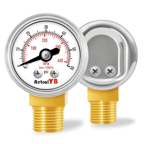 1-Inch Mini Pressure Gauge, 0-60 PSI / 0-400 kPa, Dual-Scale Dial, 1/8” NPT Bottom Mount, Stainless Steel Gauge for Coffee Machines, Motorboats, Water Pumps, and Pneumatic Tools - size: 0-60 PSI, style: Lower Monut