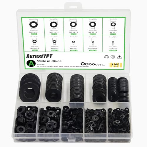 1100Pcs 9 Sizes M2-M12 Black Flat Washers for Screws & Bolts - color: Black-M2/2.5/3/4/5/6/8/10/12-1100Pcs