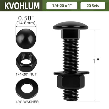20 Sets 1/4-20 x 1 Carriage Bolt Kit, Round Head Square Neck, Black Carriage Bolts and Hex Nuts Set with Flat Washers - size: 1/4-20 x 1"