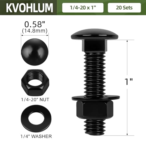 20 Sets 1/4-20 x 1 Carriage Bolt Kit, Round Head Square Neck, Black Carriage Bolts and Hex Nuts Set with Flat Washers - size: 1/4-20 x 1"