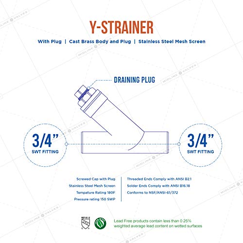 Midline Valve 322D256 Y-Strainer with Stainless Steel Mesh Screen, Pipeline Filter Valve, 3/4 in. Sweat, Cast Brass - size: 3/4 in., style: Single Pack