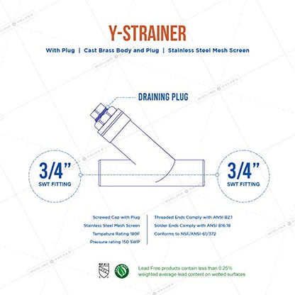 Midline Valve 322D256 Y-Strainer with Stainless Steel Mesh Screen, Pipeline Filter Valve, 3/4 in. Sweat, Cast Brass - size: 3/4 in., style: Single Pack