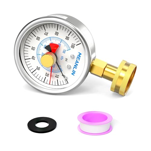 MEANLIN MEASURE Stainless Steel 0~100Psi 3/4" Female Water Pressure Test Gauge, 2.5" FACE DIAL with Red Indicator Hands, Dry Hydraulic Tester Suitable for Gardens, Water Pipes - color: Silver, size: 0-100Psi (Stainless Steel Case)