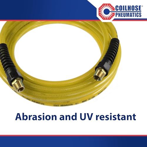 Coilhose Pneumatics PFE40504TY Flexeel Reinforced Polyurethane Air Hose, 1/4-Inch ID, 50-Foot Length with (2) 1/4-Inch MPT Reusable Strain Relief Fittings, Transparent Yellow - color: Transparent Yellow, size: 1/4" X 50 Feet, 1/4" FTG