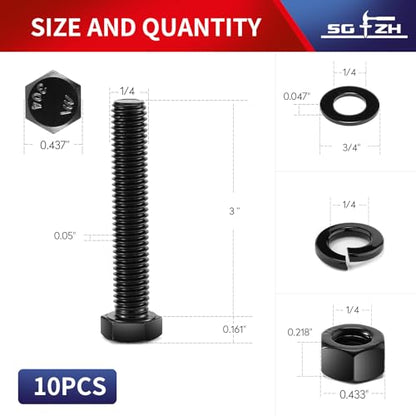 1/4-20 x 3 Hex Head Screw Bolt, Nuts, Flat & Lock Washers, 10Pcs 18-8 (304) Stainless Steel, Fully Threaded, Black Oxide by SG TZH - size: 1/4-20 x 3"
