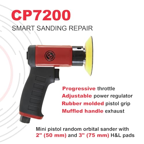 Chicago Pneumatic CP7200 - Air Random Rotary Sander Tool, Home Improvement, Woodworking Tools, Polisher, Rust Removal, Heavy Duty, Rotary Tool, Pistol Handle, Hook & Loop, 3 Inch (75 mm), 15000 RPM - style: Tool Only (15000 RPM)