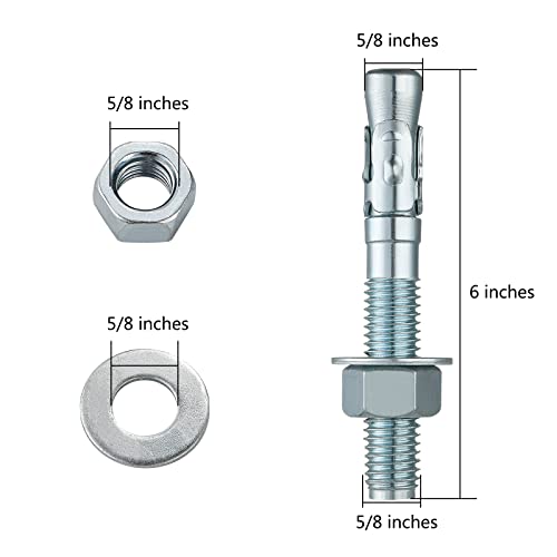 Wensilon 5/8x6 10Pcs Inch Standard Fasteners for Heavy-Duty Zinc Wedge Anchors for Cement and Concrete - size: 5/8x6"
