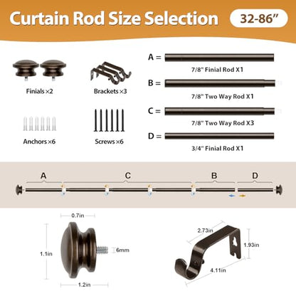 TONIAL Curtain Rods for Windows, 32 to 86 Inch, Bronze, Single Drapery Rod - color: Bronze, size: 32-86"