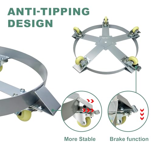 55 Gallon Drum Dolly, 1250lbs Load Capacity 55 Gallon Barrel Dolly Cart Drum Caddy with 5 Swivel Casters Wheel, Non Tipping Hand Truck Capacity Dollies for Warehouse Drum Handling (Silver Gray) - size: 55 Gallon 5 Wheels